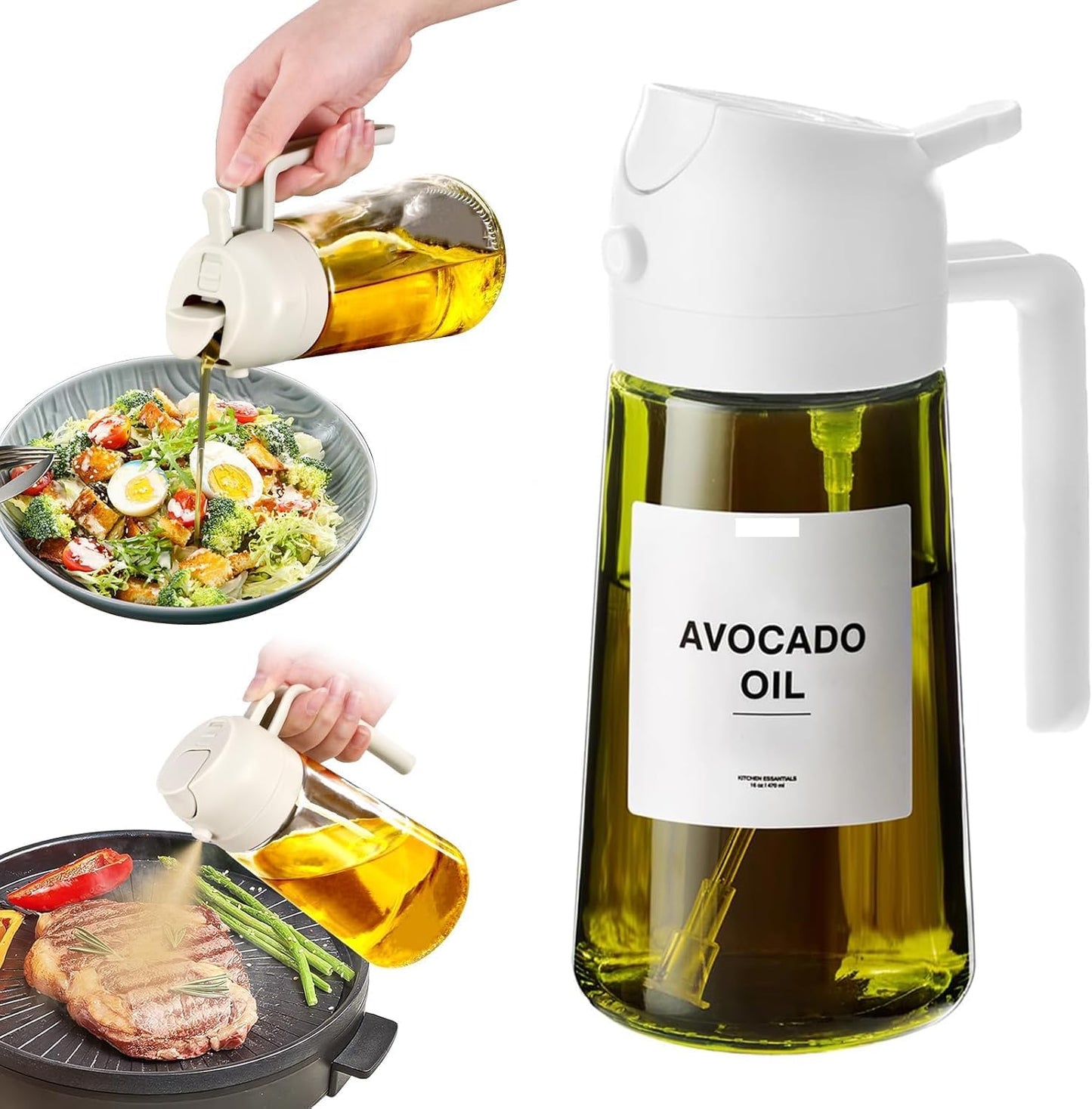 16oz/470ml Glass Olive Oil Sprayer for Cooking - 2 in 1 Olive Oil Dispenser for Kitchen Gadgets, Air Fryer, Salad, and BBQ (black)