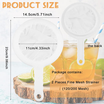2 Piece Fine Nylon Mesh Strainer Kitchen Food Yogurt Mesh Sieve Plastic Mesh Colander with Handle Mini Brine Shrimp Separation Net for Filtering Juice Milk Soy Coffee Honey Wine Yogurt (120/200 Mesh)
