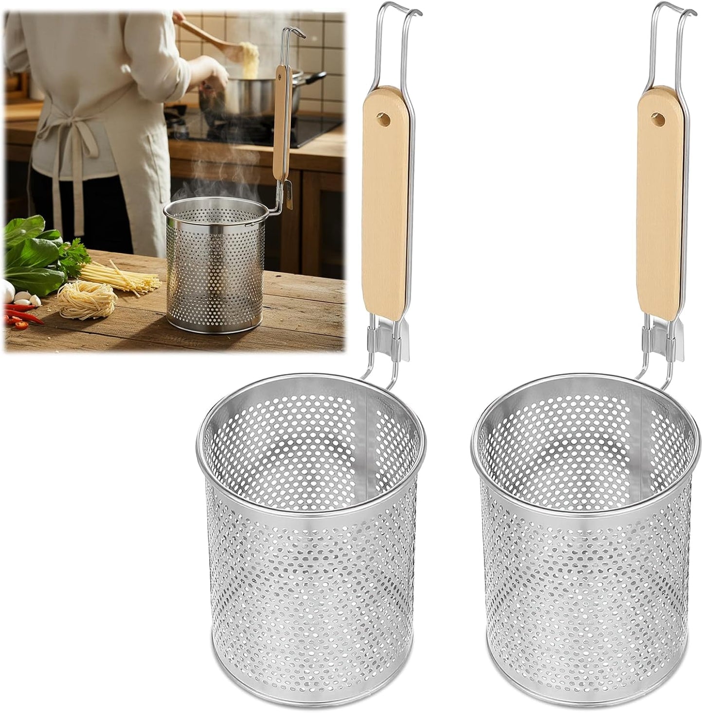 2 Pcs Pasta Strainer Basket, 5"x4.5" Stainless Steel Noodle Strainer with Wood Handle Kitchen Mesh Spider Strainers for Straining Pasta Noodles Dumpling