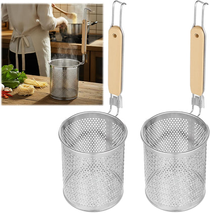 2 Pcs Pasta Strainer Basket, 5"x4.5" Stainless Steel Noodle Strainer with Wood Handle Kitchen Mesh Spider Strainers for Straining Pasta Noodles Dumpling