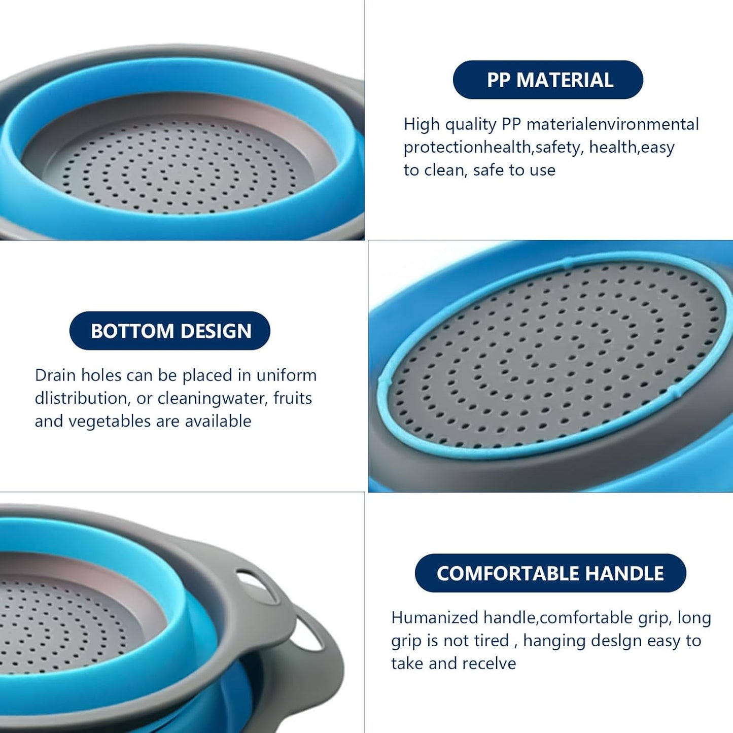 Collapsible Colander Set of 3 - Heat Resistant Washing and Draining of Vegetables Fruits Pasta - Perfect for Kitchen and Travel Use (3PCS-Blue)