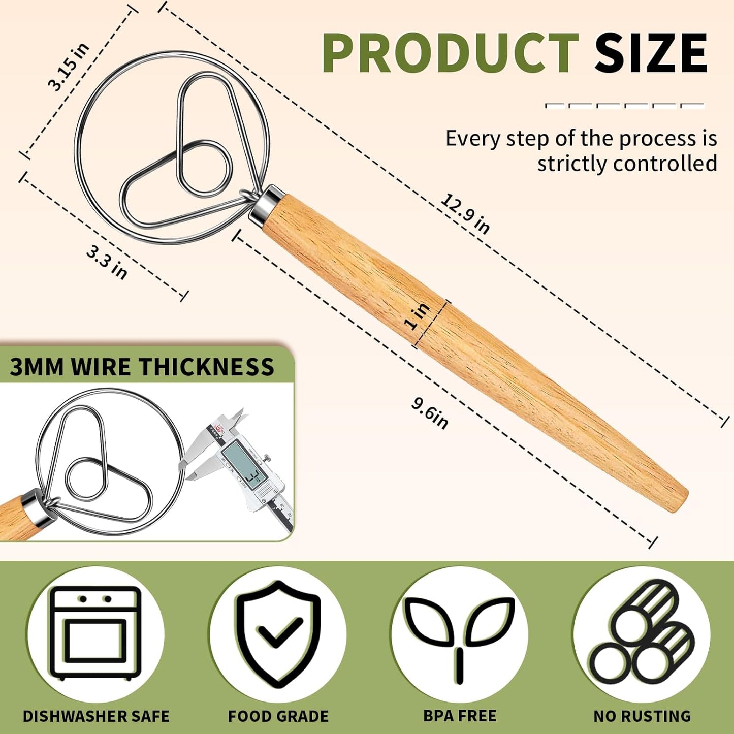 Danish Dough Whisk Stainless Steel Dough Hook Dutch Whisk for Sourdough Bread Dough Mixer Hand Wooden Handle Kitchen Whisking Mixing Tool Bread Making Tools and Supplies (3 Pack Black)