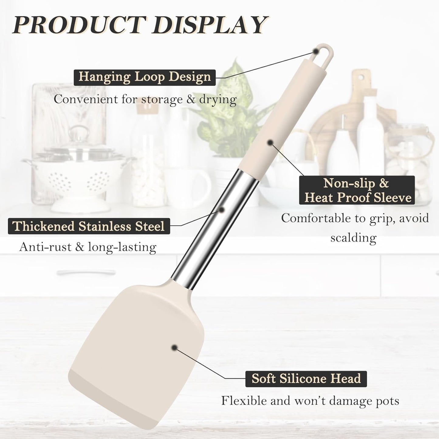 TeamFar Kitchen Utensils, 4 PCS Silicone Cooking Utensils Spatula Spoon Set with Stainless Steel Handle, for Frying Mixing Draining Turning, Healthy & Heat-proof, Non-stick & Dishwasher Safe - Black