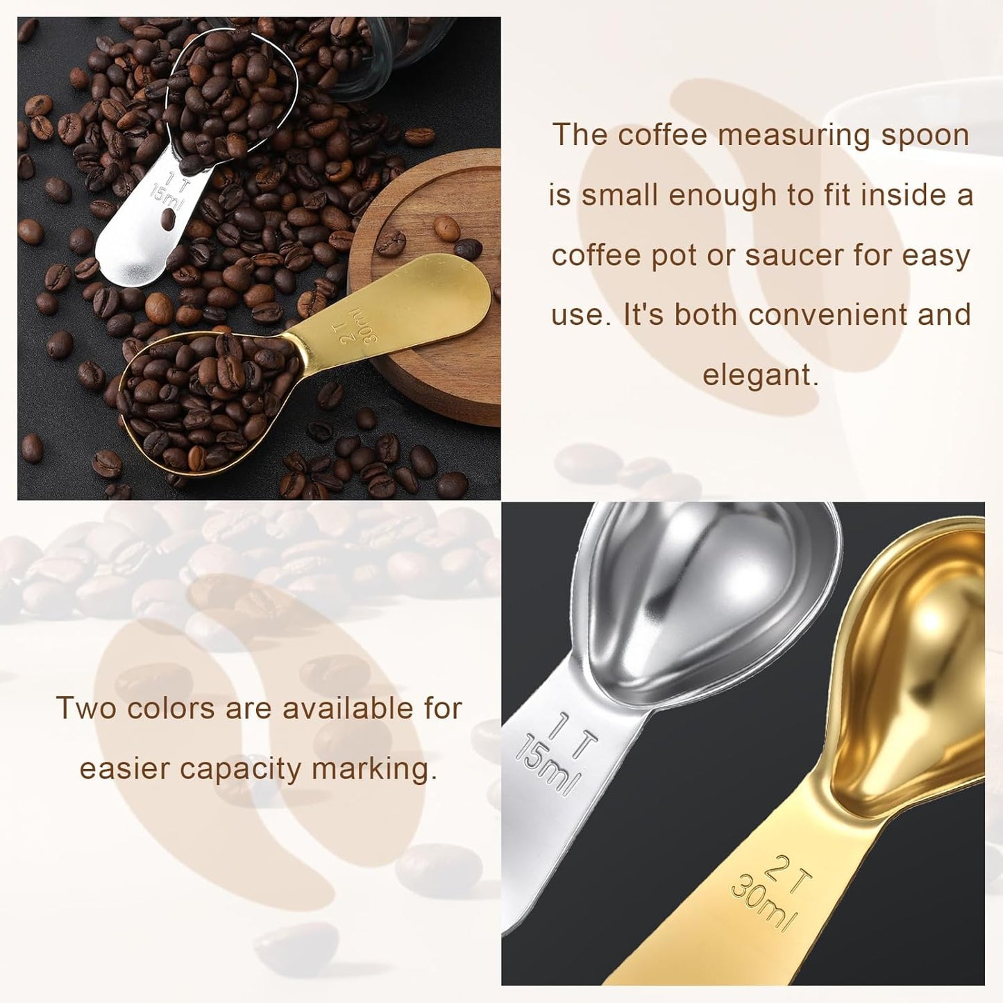 2 Piece Tablespoon Scoop 2 Tbsp Scoop Coffee Tablespoon Measuring Spoon (1 Tbsp, 2tbsp) Stainless Steel Coffee Measuring Scoops for Jars Tea Sugar (Silver, Gold)