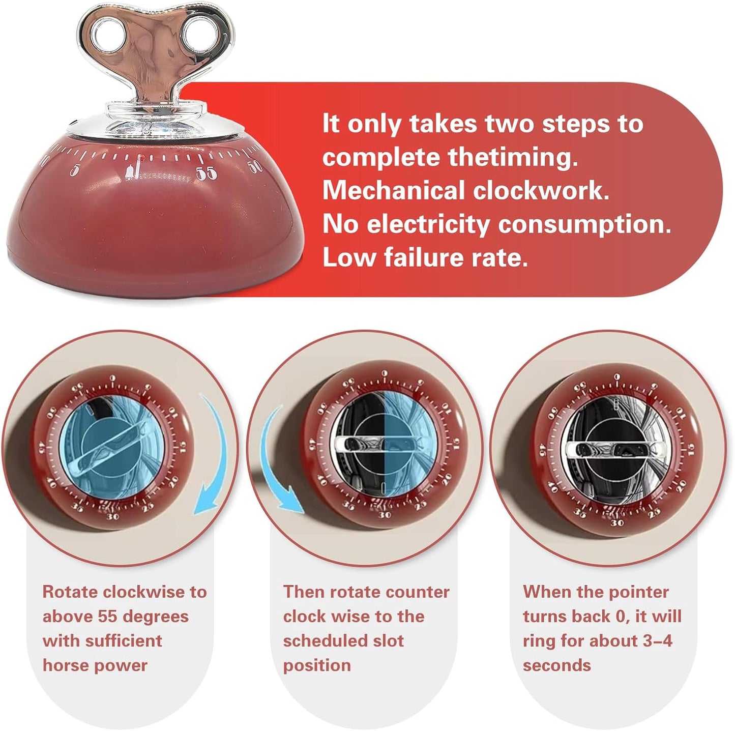 Vintage Mechanical Kitchen Timer, 60-Minute Wind Up Visual Countdown Timer, Heart Shaped Key Rotation Manual Clock for Cooking Baking Steaming, No Battery Required Desk Timer, Red