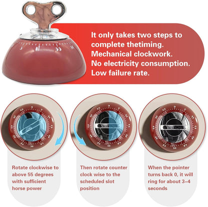 Vintage Mechanical Kitchen Timer, 60-Minute Wind Up Visual Countdown Timer, Heart Shaped Key Rotation Manual Clock for Cooking Baking Steaming, No Battery Required Desk Timer, Red