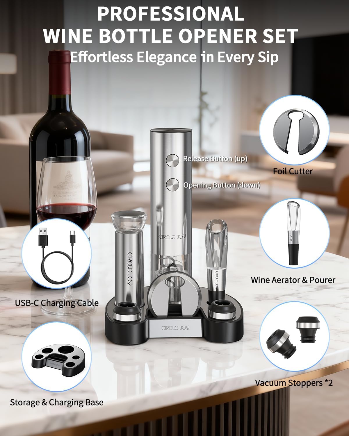 CIRCLE JOY Electric Wine Opener Stainless Steel Rechargeable Automatic Wine Bottle Opener Set 7-in-1 Wine Gifts for Wine Lovers with Charging Base, Foil Cutter, Wine Aerator Pourer & 2 Vacuum Stoppers