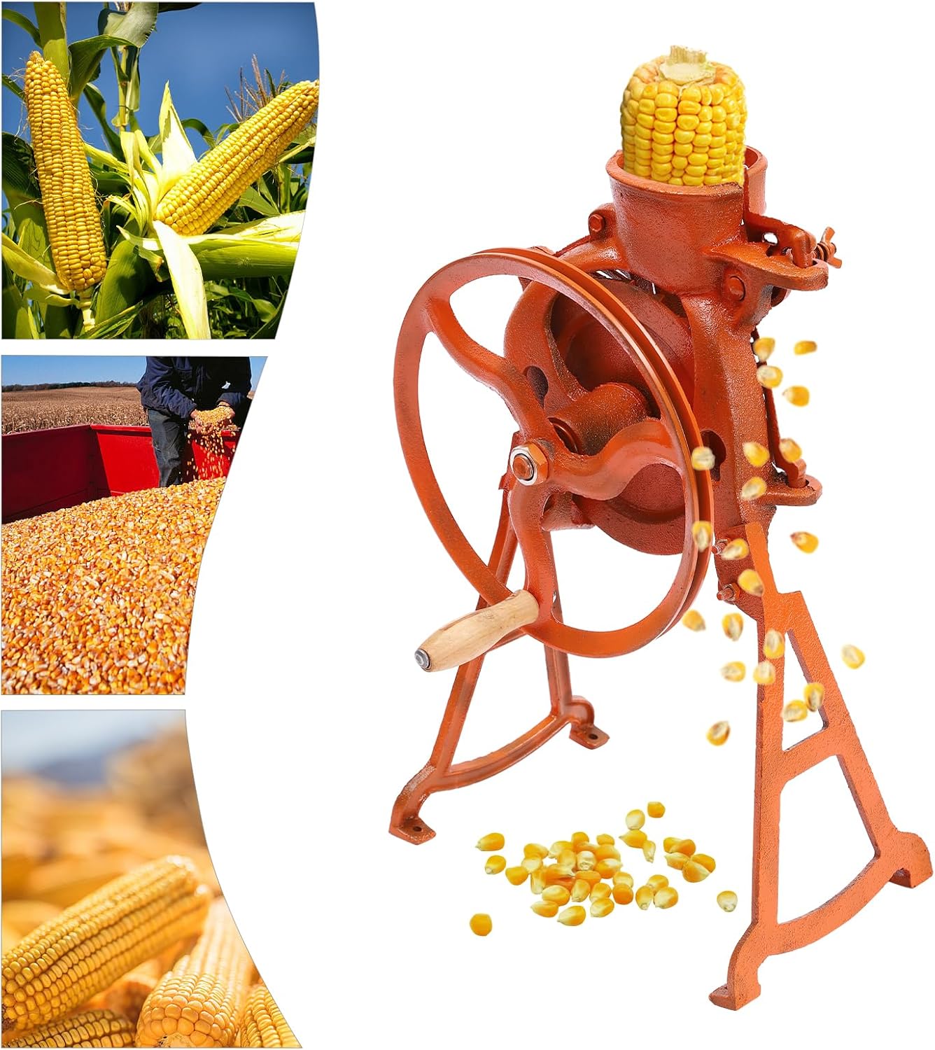 Manual Corn Thresher Hand Corn Sheller with Wooden Handle, Hand Corn Sheller Heavy Duty Shelling Machine Corn Thresher & Peeling Peeler Corn Cob Stripper Tool (orange)