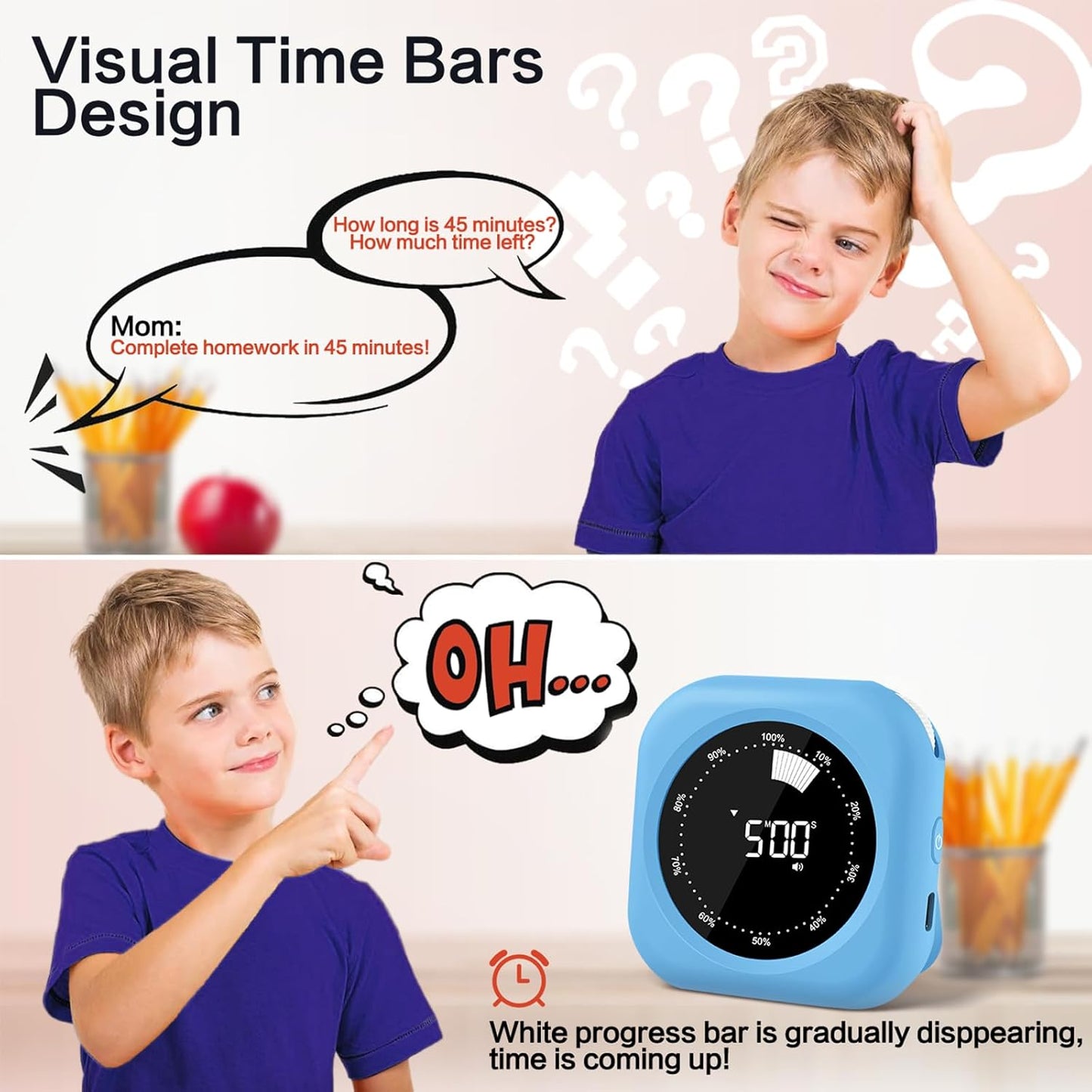 Visual Timer for Classroom Rechargeable, 10-Hour Digital Timers with Visual Time Bars Design, 3 Brightness/3 Volume Adjustable Magnetic Timer, Countdown/up Timer for Study Game Gym Kitchen Office