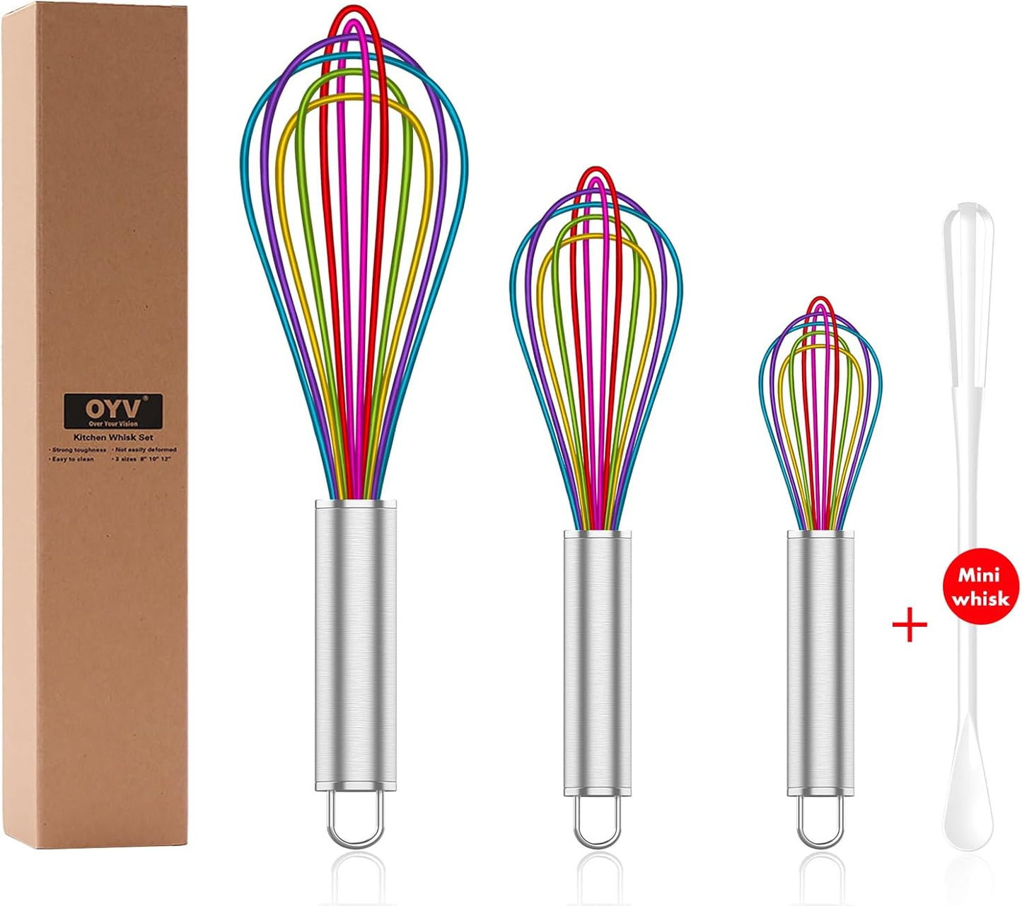 OYV 304 Stainless Steel Whisk Set, Dishwasher Safe Rustproof Metal Whisk, Professional Balloon Wire Whisks for Kitchen Cooking, Perfect For Blending, Whisking, Baking, Beating, 3 Packs (8" 10" 12")