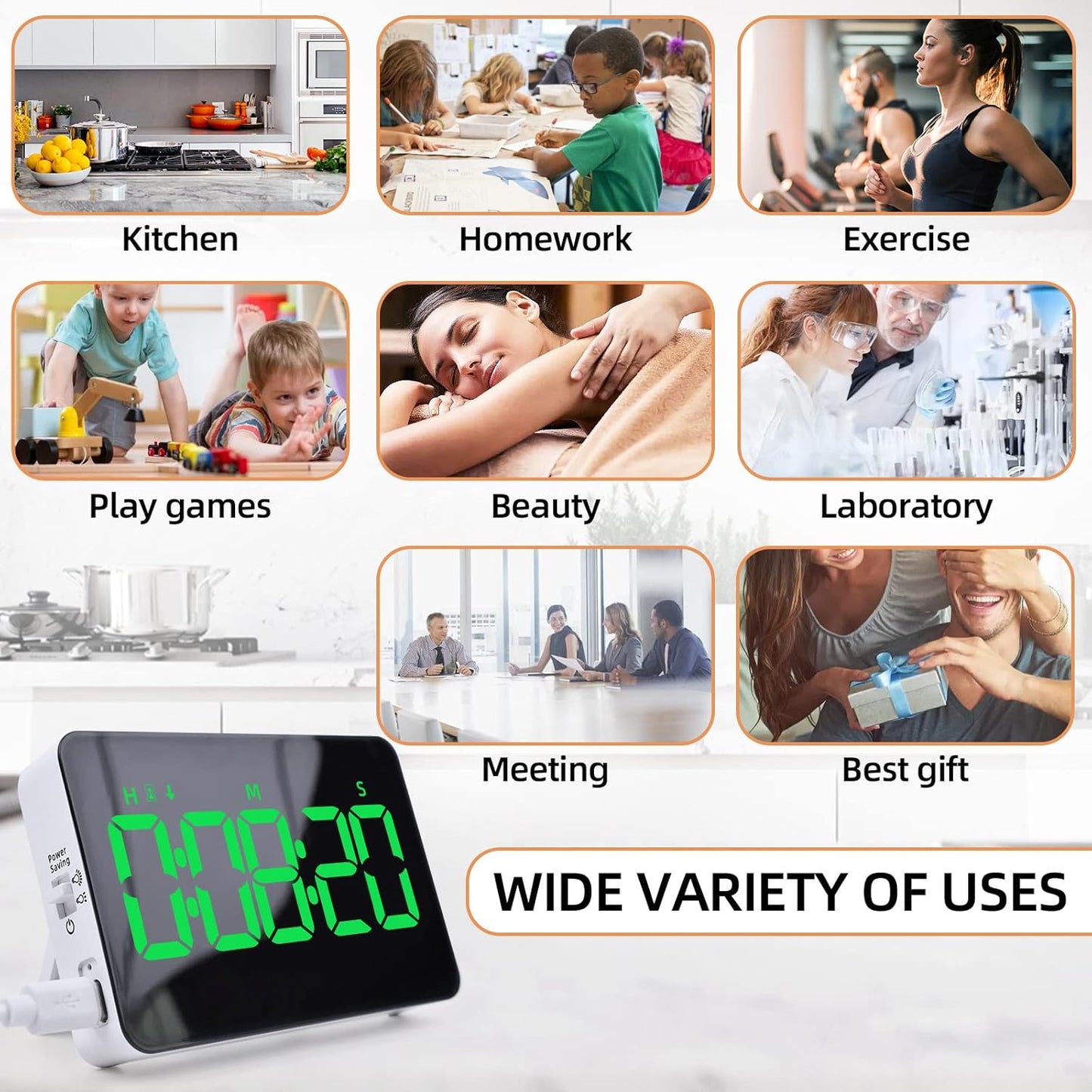Rechargeable Digital Kitchen Timer for Cooking, Magnetic Timers with Countdown/up, Kids Timer with 5”LED Display 3 Brightness 4 Volume Adjustable for Classroom/Office/Home/Work/Study/Fitness/Game