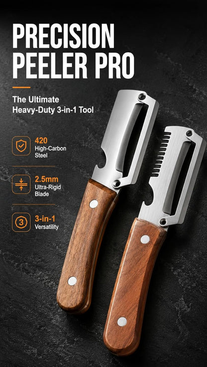 Precision Peeler Pro Heavy Duty Vegetable Peeler, 420 Stainless Steel 2.5mm Thick Blade, Julienne Peeler with Wood Handle & Bottle Opener for Hard Produce (A+B)
