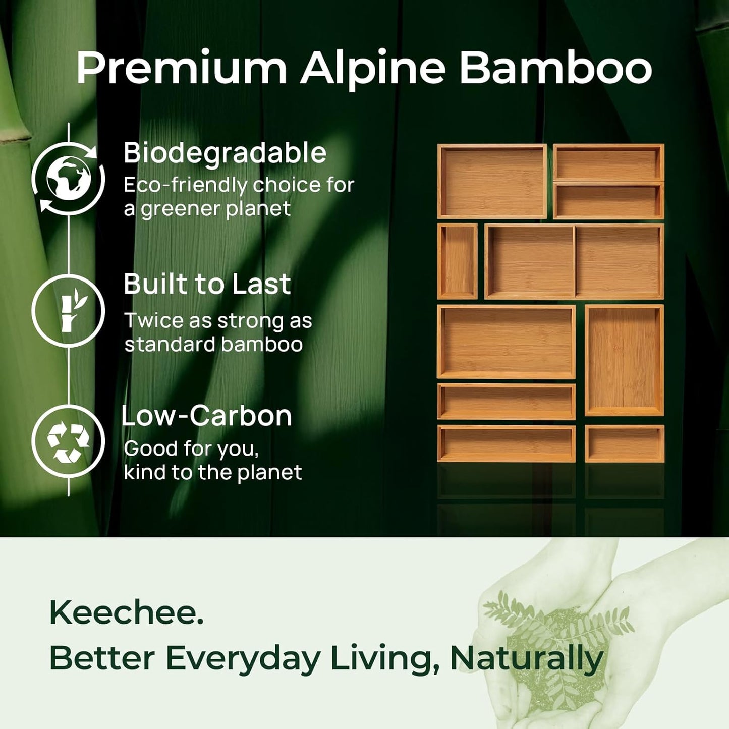 keechee Carbonized Bamboo Kitchen Drawer Organizer, 10 Slots Expandable Silverware Organizer, Utensil Holder & Cutlery Tray, 2.2" Deep for Extra Capacity, Non-Slip Feet Included
