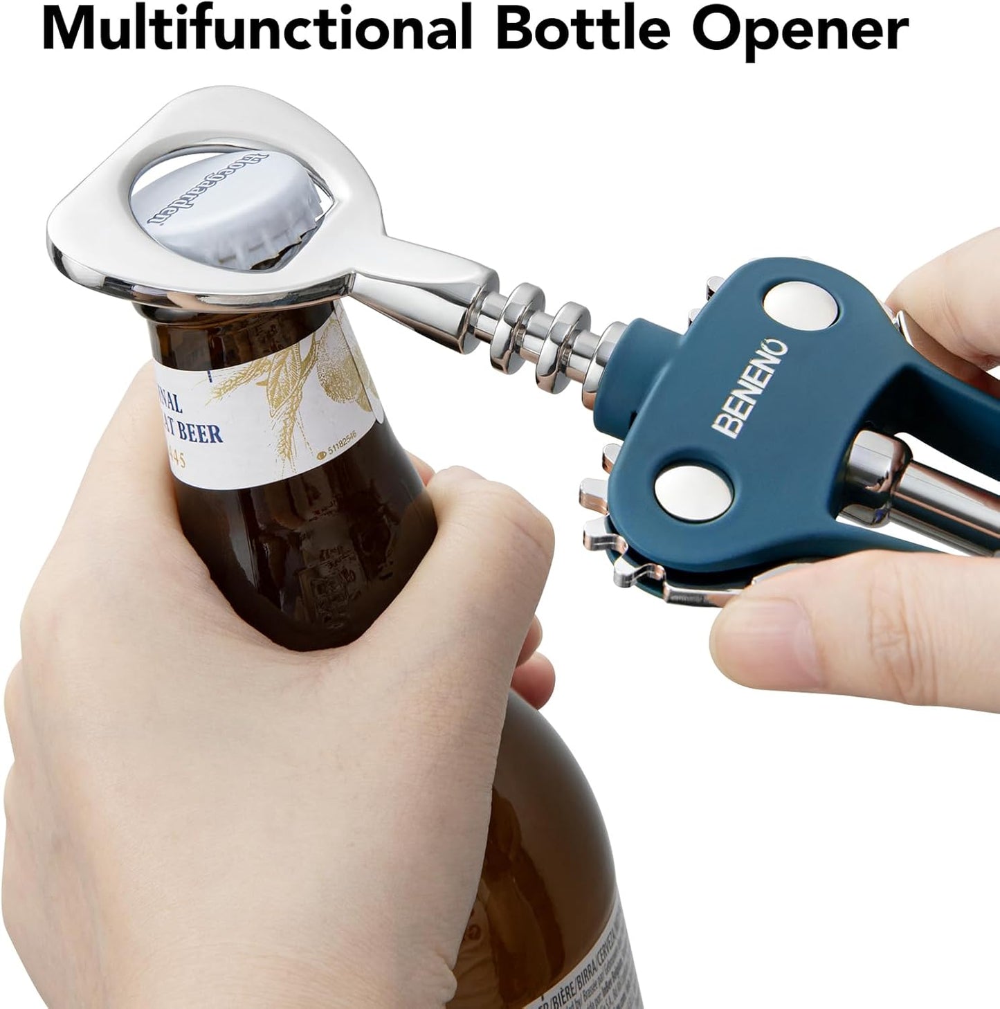 Beneno Wine Opener, Zinc Alloy Premium Wing Corkscrew with Multifunctional Bottles Opener, Sharp Wine Corkscrew with Ergonomic Non-Slip Wing Handle, Silver