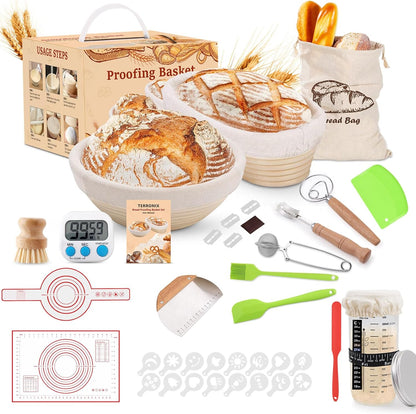 Complete Sourdough Starter Kit, 10" Oval and 9" Round Banneton Bread Proofing Basket with Glass Sourdough Starter Jar, Sourdough Bread Baking Supplies Kit Gifts for Bakers Women Wife Mom