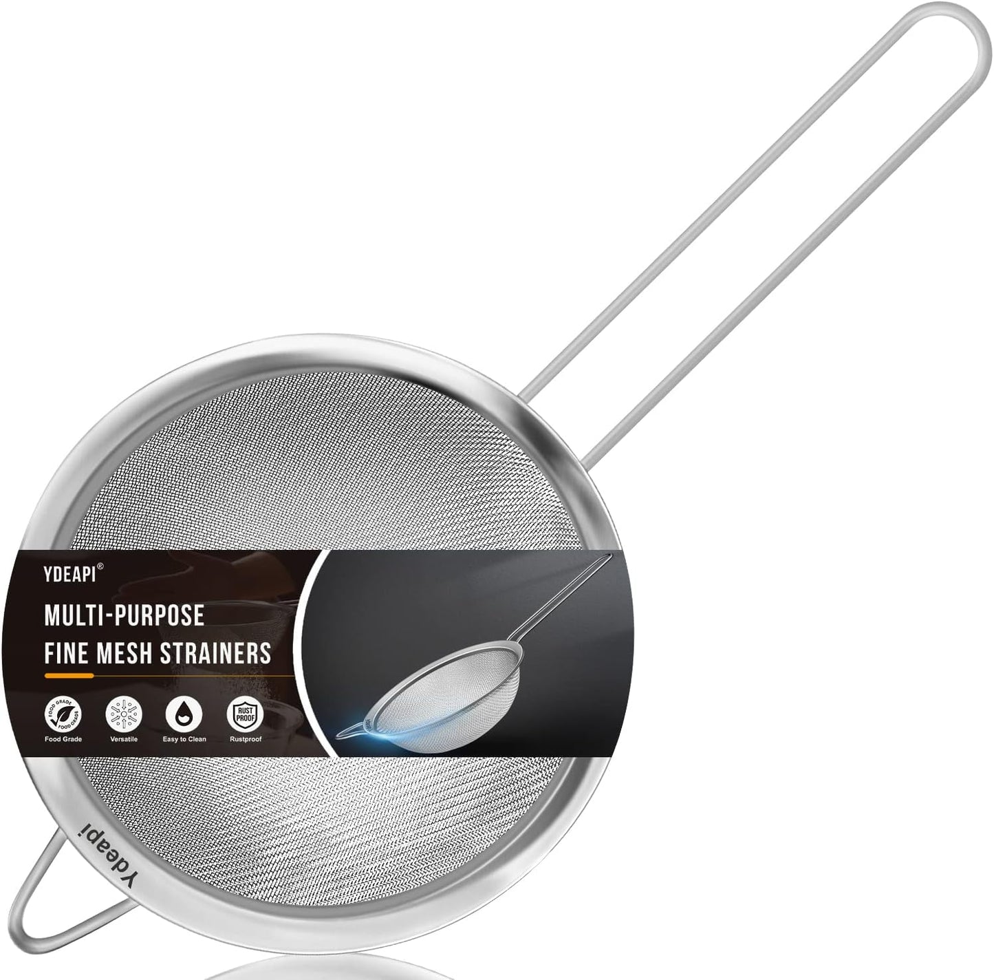 Ydeapi 8.6" Large Fine Mesh Strainer with Handle, Metal Food Strainers for Kitchen, Sieve Fine Mesh Stainless Steel for Rice, Quinoa, Pasta, Noodles