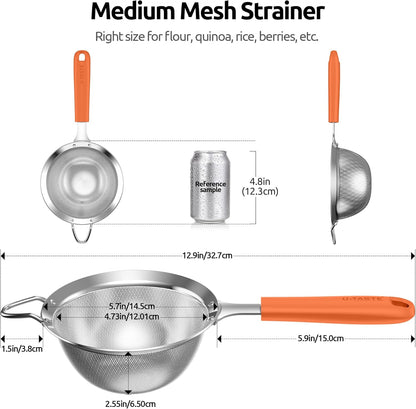 U-Taste Medium Fine Mesh Strainer: 18/8 Stainless Steel 4.73in 30 Mesh Kitchen Food Sieve with Sturdy Riveted Silicone Handle, Heavy Duty Deep Handheld Metal Colander for Rice, Quinoa, Flour (Black)