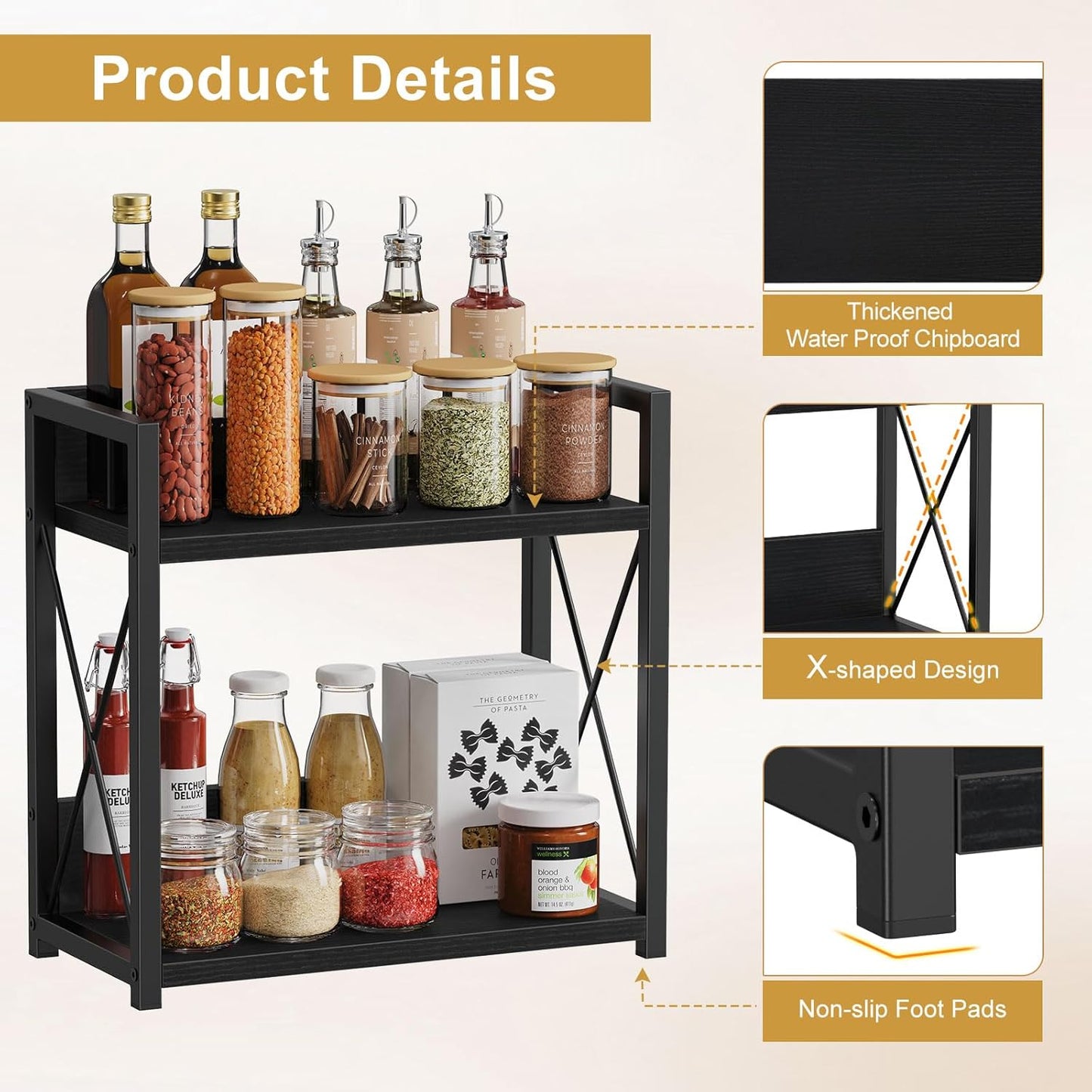 Giikin Countertop Shelf Organizer, 2 Tier Kitchen Spice Rack for Countertop, Wood Coffee Counter Shelf Organizer for Home (Brown, S)