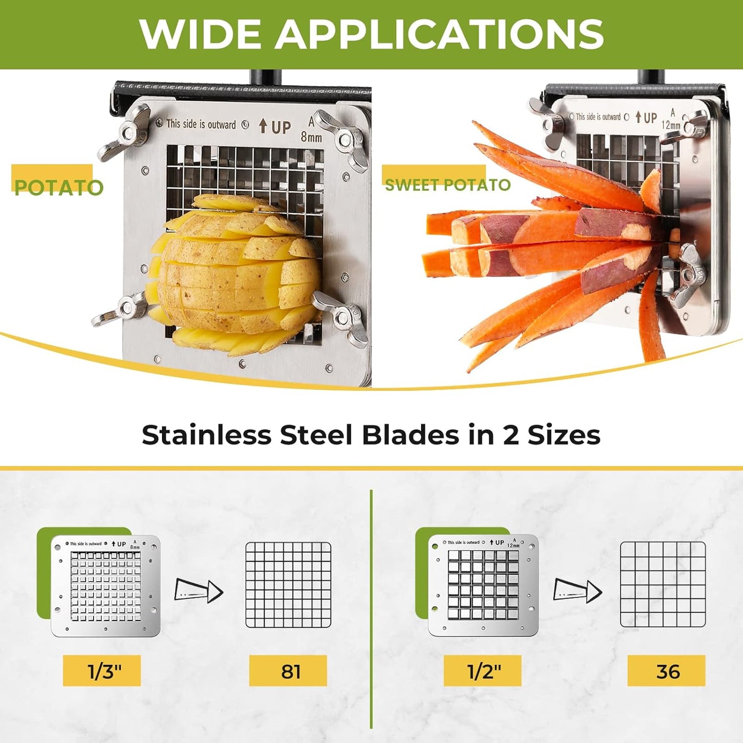 French Fry Cutter Electric Potato Cutter Stainless Steel Professional With 4 Blades For Commercial, Home Use & Cucumbers, Carrots, Sweet Potatoes, Silvery