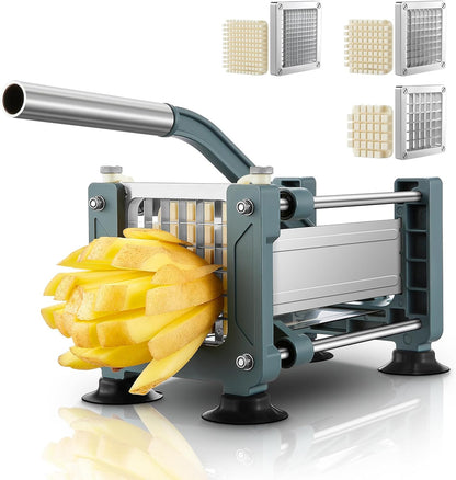FOHRER French Fry Cutter, Professional Manual Potato Slicer for Potatoes with 3 Heavy Duty Stainless Steel Blades (1/2, 3/8, 1/4 Inch) (Sliver)