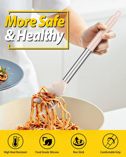 Silicone Pasta Fork and Ladle Spoon Set, Large Non Stick Kitchen Utensils for Cooking,Stirring,Serving Spaghetti, Soup, Sauce (GRAY)