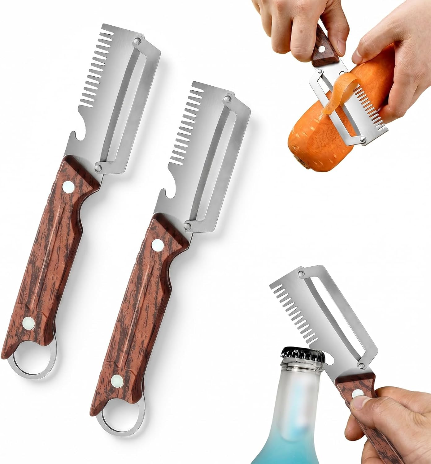 3 In 1 Multifunctional Vegetable Peeler for Kitchen, 2026 New Peeler with Thicken Wooden Handle And Bottle Opener Zero Flex Smooth Glide Potatoes Skin Heavy Duty Stainless Steel (2PCS)