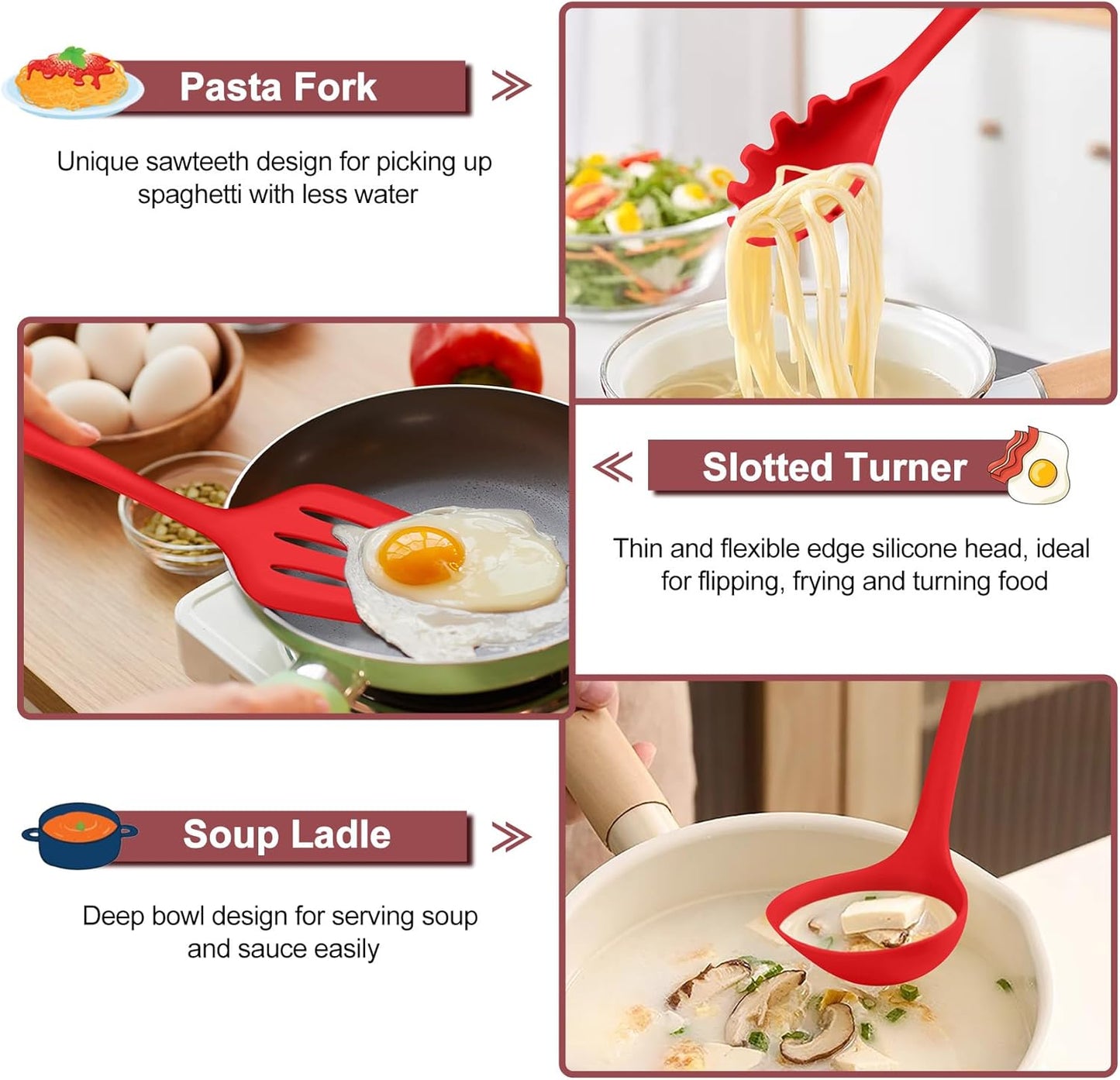 TeamFar Silicone Cooking Utensil Set of 7, Black Kitchen Nonstick Tools Turner Spoon Spatula Ladle Pasta Server for Nonstick Cookware, Healthy & One-Piece, Anti-Heat & Dishwasher Safe