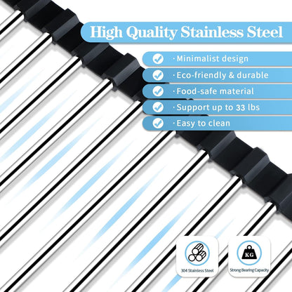 Seropy Roll Up Dish Drying Rack Over The Sink for Kitchen Sink Drying Rack Folding Dish Drainer Mat Rolling Dish Rack Sink Rack Stainless Steel Kitchen Dry Rack Black 17.5x15.7 Inch