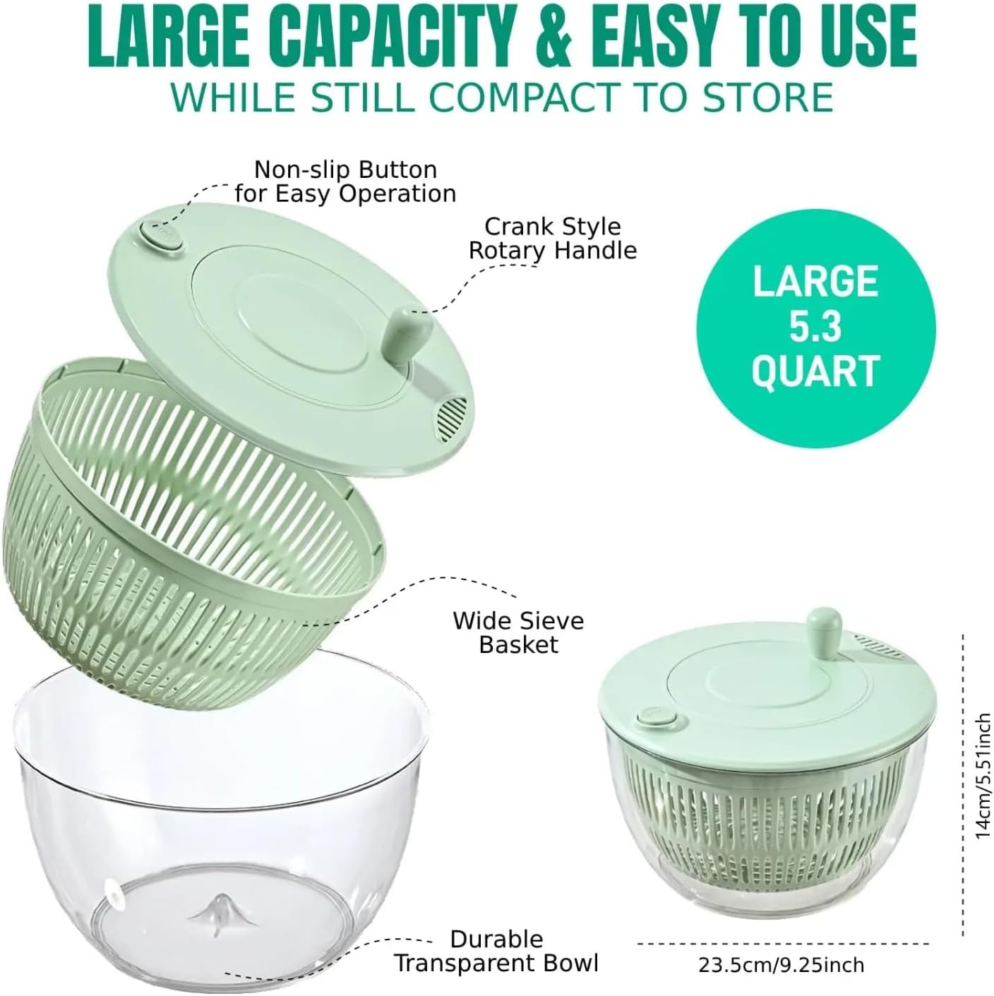 Salad Spinner large with 5-Blade Slicer, 5.3 Qt Salad Dryer for Washing, Spinning, and Draining Greens, Fruits, and Vegetables, Egg Yolk Strainer, Salad Bowl for Efficient Salad Preparation and Food