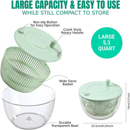 Salad Spinner large with 5-Blade Slicer, 5.3 Qt Salad Dryer for Washing, Spinning, and Draining Greens, Fruits, and Vegetables, Egg Yolk Strainer, Salad Bowl for Efficient Salad Preparation and Food