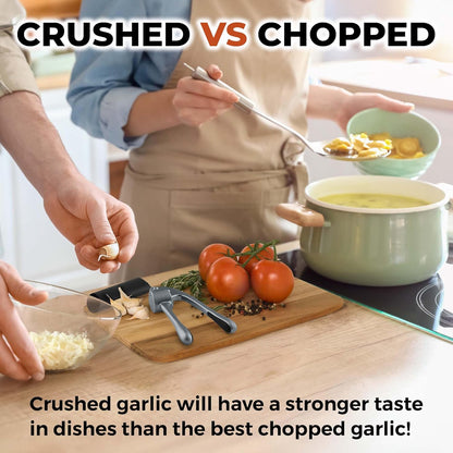 Zulay Kitchen Premium Garlic Press Set - Rust Proof Professional Garlic Mincer Tool - Easy-Squeeze, Easy-Clean with Soft, Ergonomic Handle - Silicone Garlic Peeler & Brush (Silver)