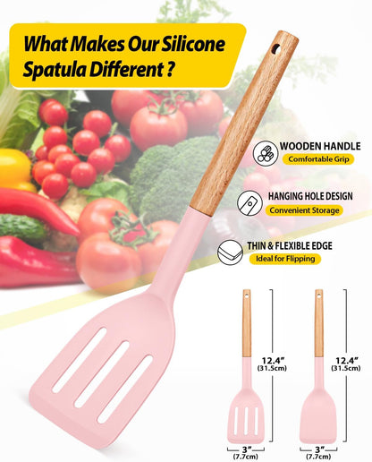 Pack of 2 Silicone Cooking Spatula, Heat Resistant Solid Turner, Non Stick Slotted Spatulas with Wooden Short Handle,Ideal Wood Kitchen Utensils Set for Frying, Baking, Flipping, Turning