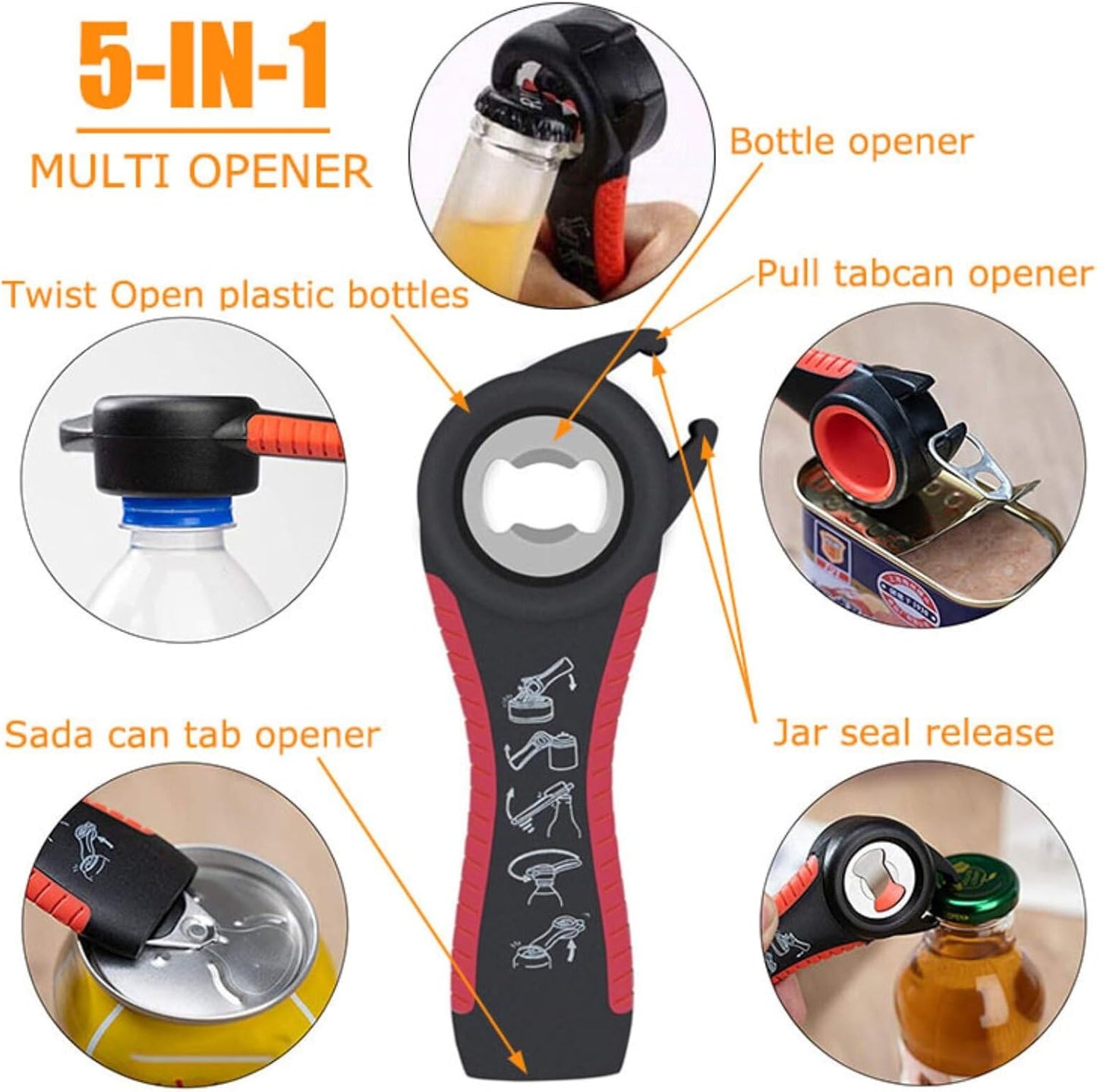 Multi-Grip Jar Opener and Bottle Opener Tool, Ergonomic Design with Non-Slip Handles, (biack and red)