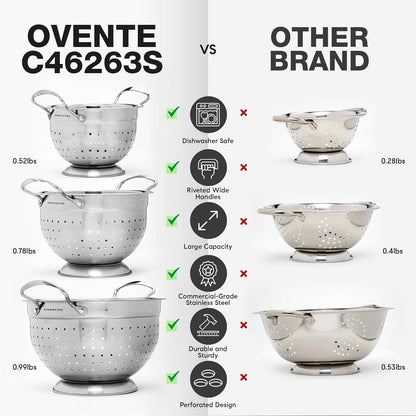 OVENTE Mixing Bowl Set with Lids, 3-Piece Stainless Steel Nesting Bowls for Easy Food Storage, Stackable Design, Kitchen Essential for Baking, Cooking and Prepping, Size 5, 3.5, 1.5QT, Silver BM46333S