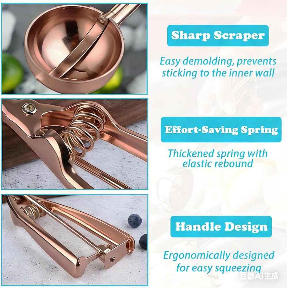 Gold Ice Cream Scoop 304 Stainless Steel Cookie Scoops for Baking Melon Baller with Trigger 3 Sizes (Gold, S)