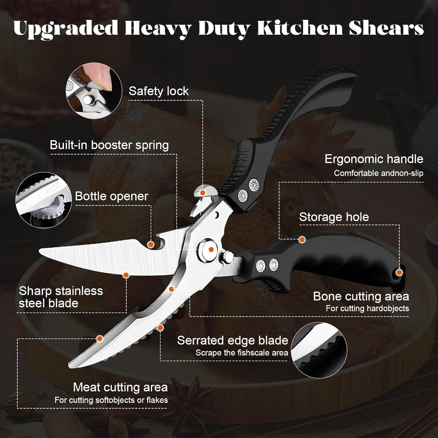 SiXingHardware-Kitchen Pro Shears-Heavy-Duty Stainless Steel Kitchen Scissors For Poultry, Meat, Herbs. Dishwasher Safe, Rust-Proof With Comfortable Grip. Ideal For Chefs And Home Cooking.