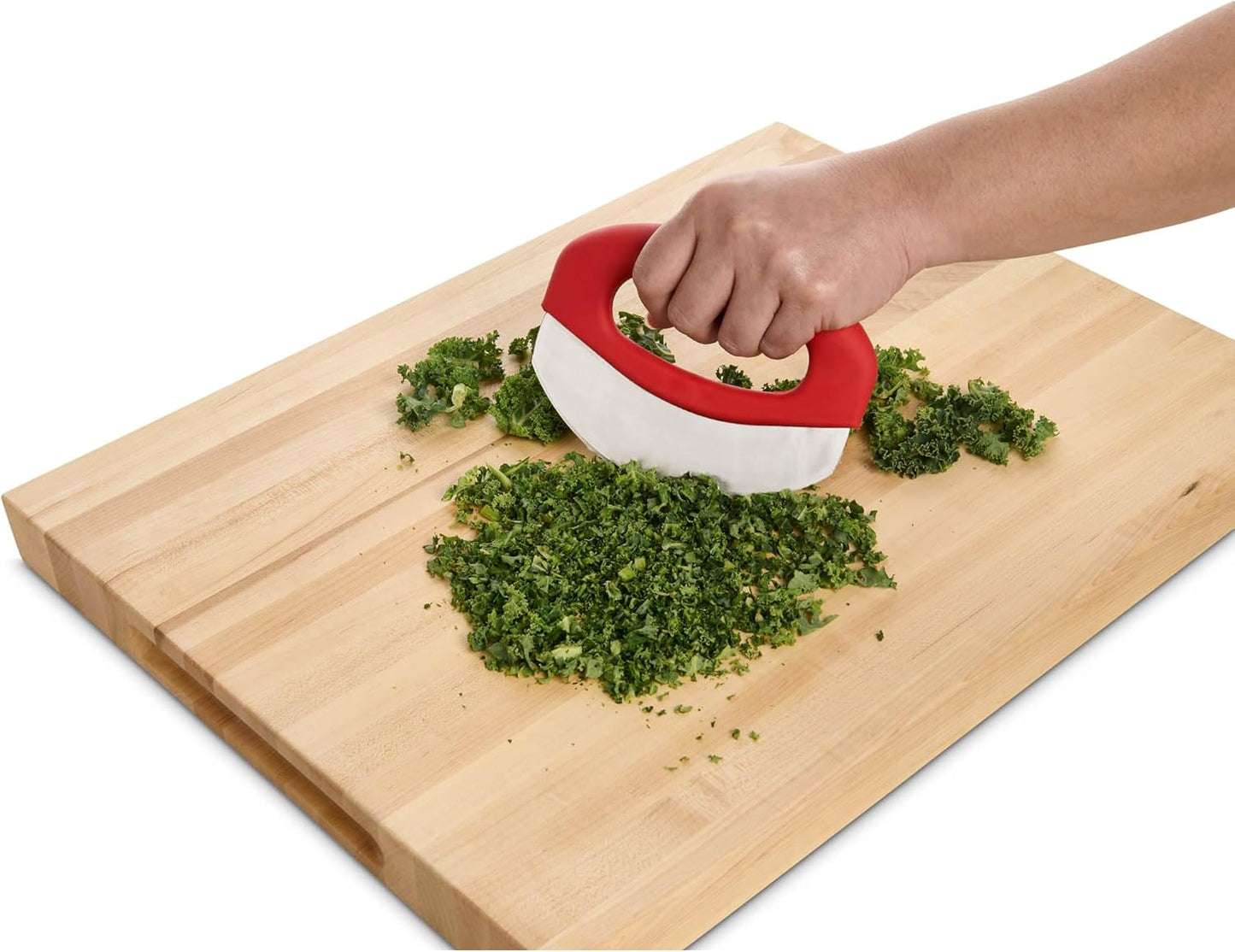 HIC Kitchen Mezzaluna Rocking Chopper And Mincing Knife With Double Handles, Stainless Steel, Rubberwood, For Herbs Vegetables Nuts And More