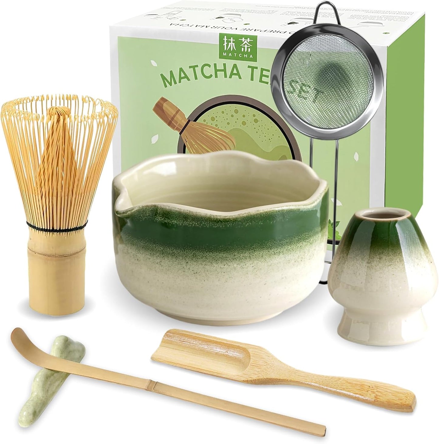 JBER Matcha Whisk Set, Ceramic Matcha Set Includes Bowl & Holder, Bamboo Whisk (Chasen), Sifter, Scoop, Spoon & Rest - 7PCS Matcha Kit Gift for Matcha Lovers & Beginners, Gradient Pink