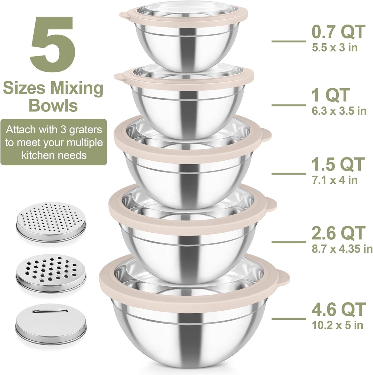 TeamFar Mixing Bowls, Stainless Steel Salad Serving Bowl with Clear Lids & 3 Graters, For Kitchen Cooking Prepping Storing, Size 4.6/2.6/1.5/1/0.7 QT, Nesting & Airtight, Set of 5 & Black