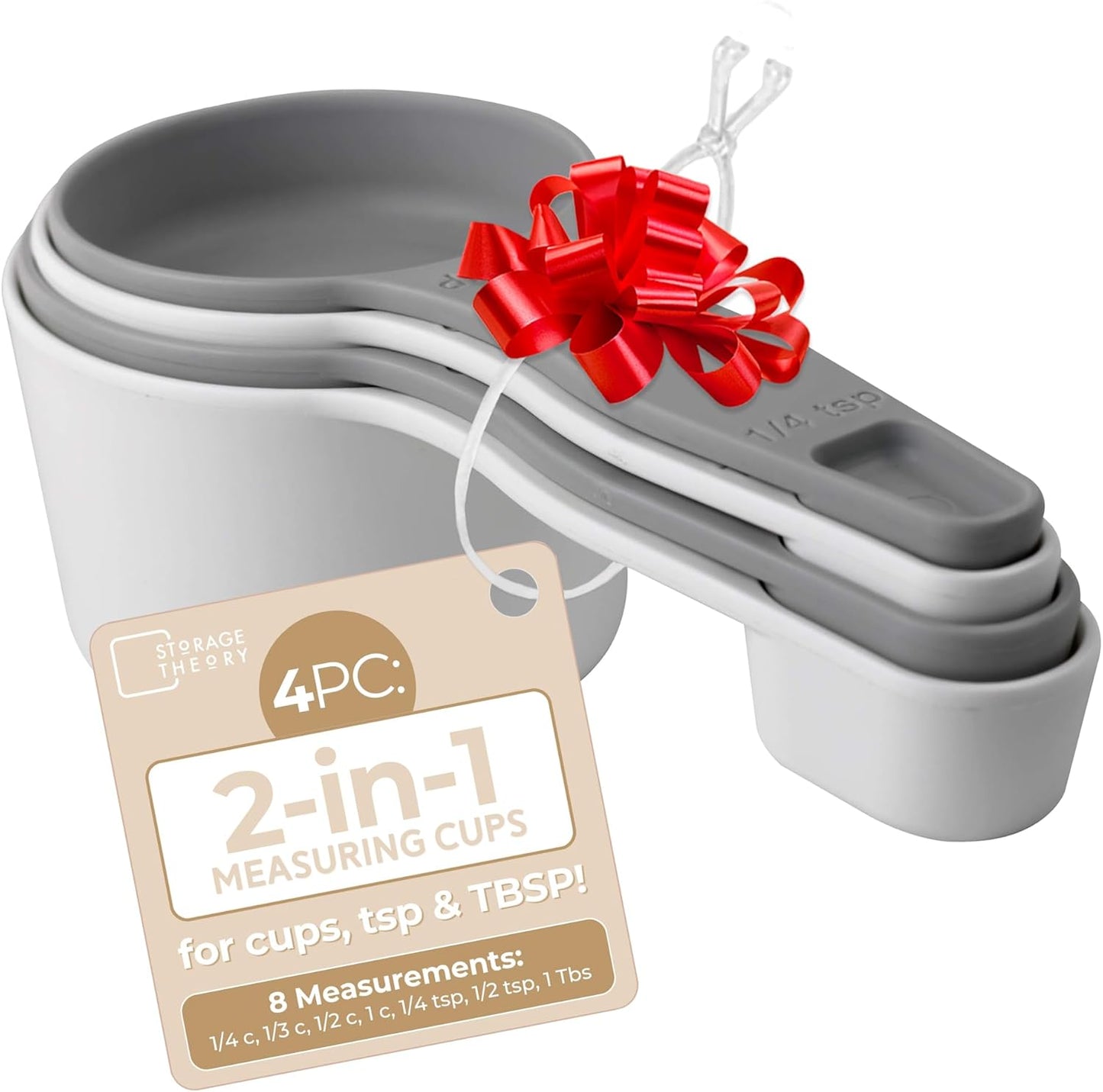 Storage Theory 2-in-1 Measuring Cups & Spoons Set (4-Piece) - Nesting Space-Saving Kitchen Gadget - BPA-Free Food Grade Plastic - Dishwasher Safe for Baking, Cooking, Coffee - White