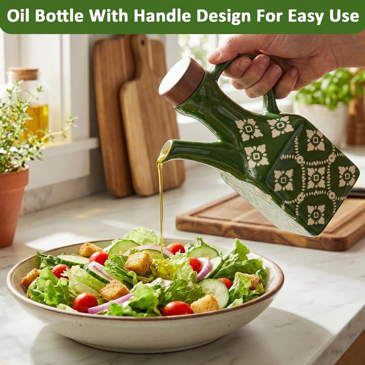 Olive Oil Dispenser Bottle Ceramic，8.5 Oz Decoration Oil Dispenser for Kitchen，Leakproof Oil And Vinegar Container with Handle，Italian Cooking Oil Cruet，Easy Pour (Blue)