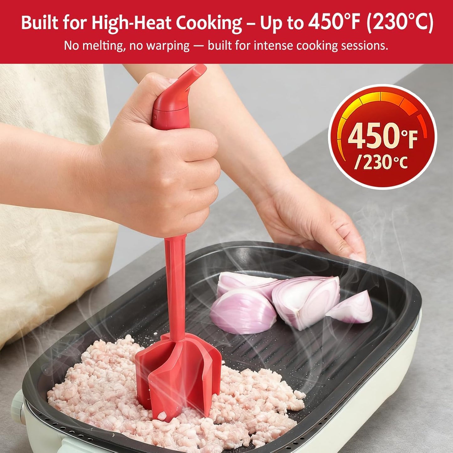 Ourokhome Meat Chopper and Potato Masher, Heat Resistant Nylon Ground Beef Smasher for Hamburger, 5 Curved Blades Nonstick Mixer & Stirrer, Practical Kitchen Gadgets, Black