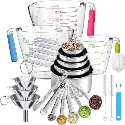 Measuring Cups and Spoons Set 22 Piece, 11 Stainless Steel Nesting Measuring Spoons and Cups with 4 Plastic Measuring Cup, 3 Funnel, 3 Brush, 1 Ruler, Measuring Cup Set for Kitchen Baking Liquid Dry