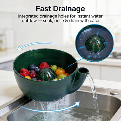 Self Spinning Ceramic Berry Washing Bowl, Berry Bowls with Holes Ceramic, 360° Rotating Fruit Strainer, Integrated Rapiddrain Base, for Fruits, Vegetables, Berries (1Pcs)
