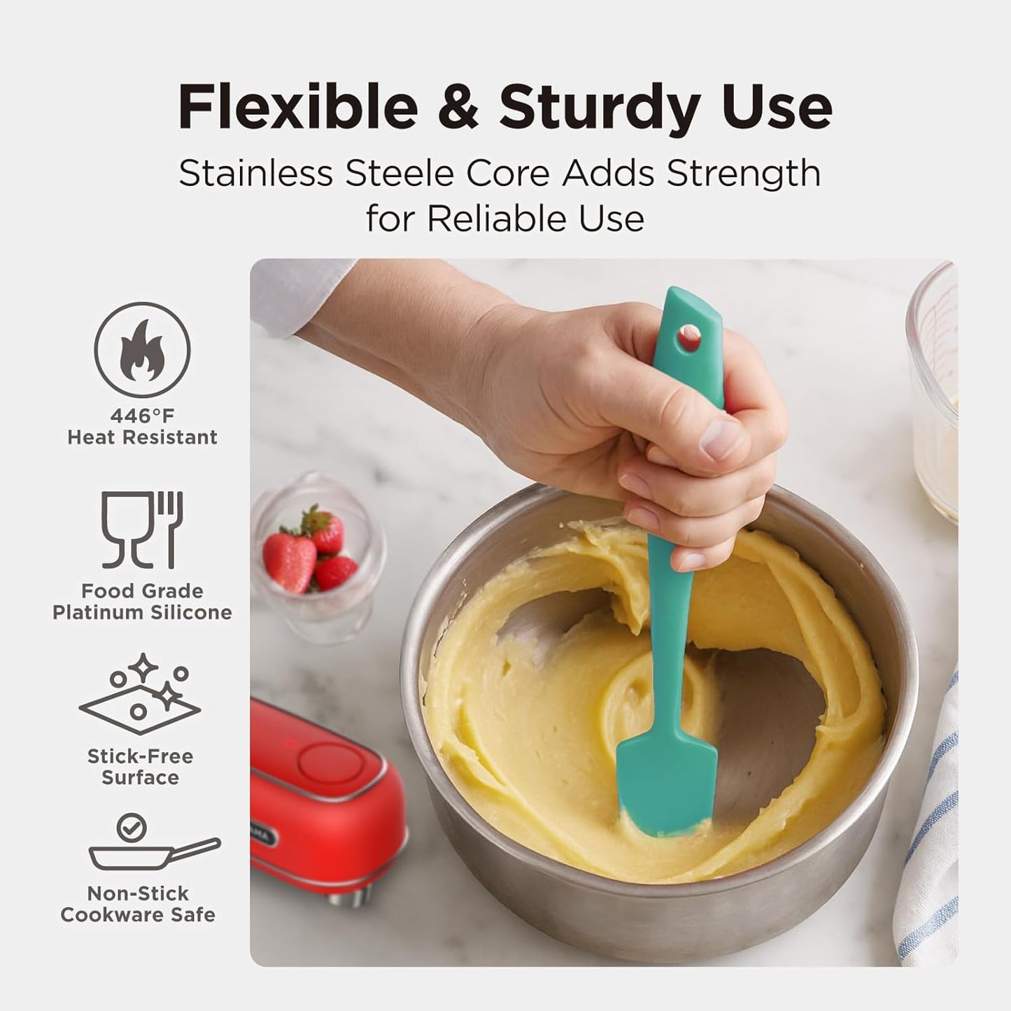 Kitchen Mama WaltzGrip Platinum Silicone Jar and Can Spatula Set: Heat-Resistant, Dishwasher Safe, Ergonomic Grip, Perfect for Mixing and Scraping, Nonstick Cookware (Red)