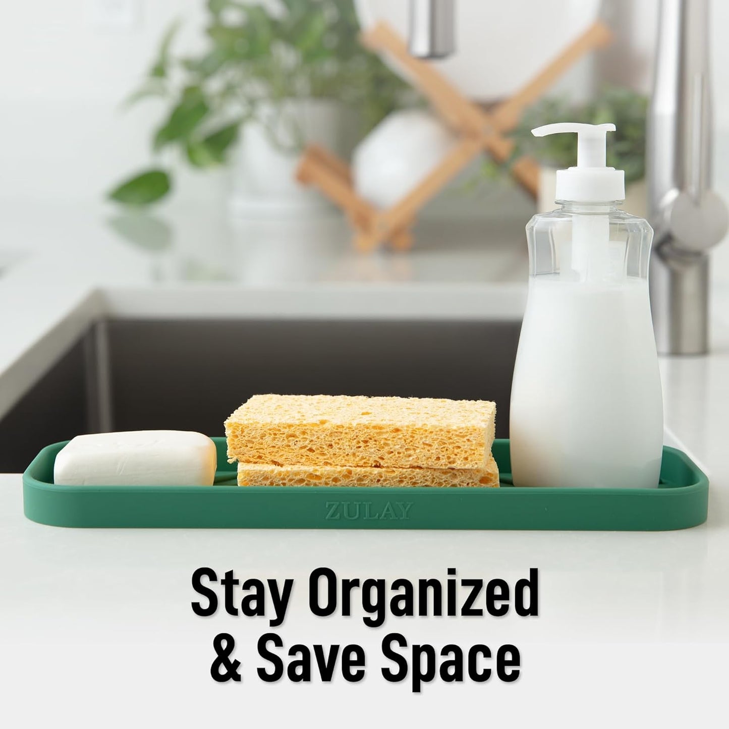 Zulay Kitchen (9x3.5in Sponge Holder for Kitchen Sink - Flexible Heavy-duty Multipurpose Sink Caddy - Counter Organizer for Kitchen, Bathroom, Makeup, Trinkets & More! (Grey)