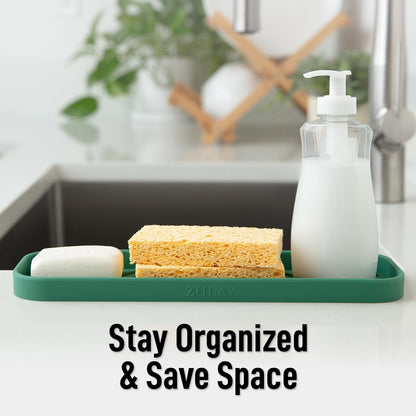 Zulay Kitchen (9x3.5in Sponge Holder for Kitchen Sink - Flexible Heavy-duty Multipurpose Sink Caddy - Counter Organizer for Kitchen, Bathroom, Makeup, Trinkets & More! (Grey)