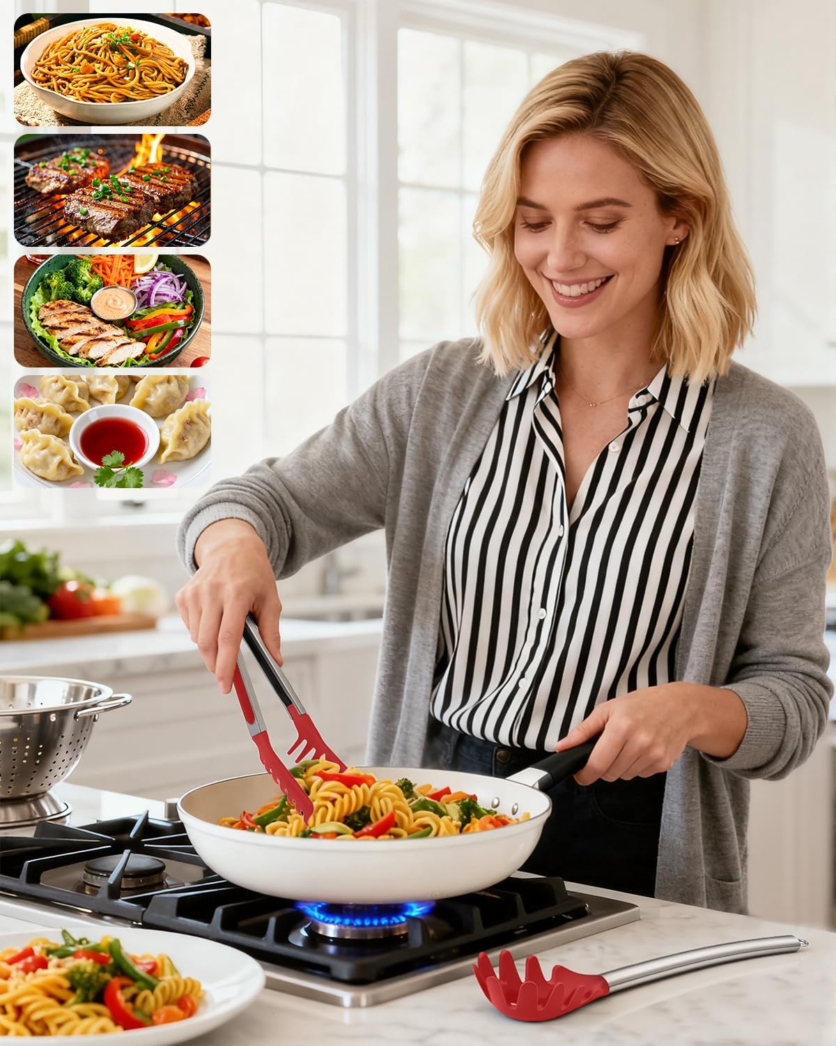 Spaghetti Spoon and Pasta Tong with Grip Teeth and Drain Holes, 2-Piece Non-Stick Silicone Head with Stainless Steel Handle, Heat Resistant Food Grade Utensils for Cooking, Serving, Salad and Noodles