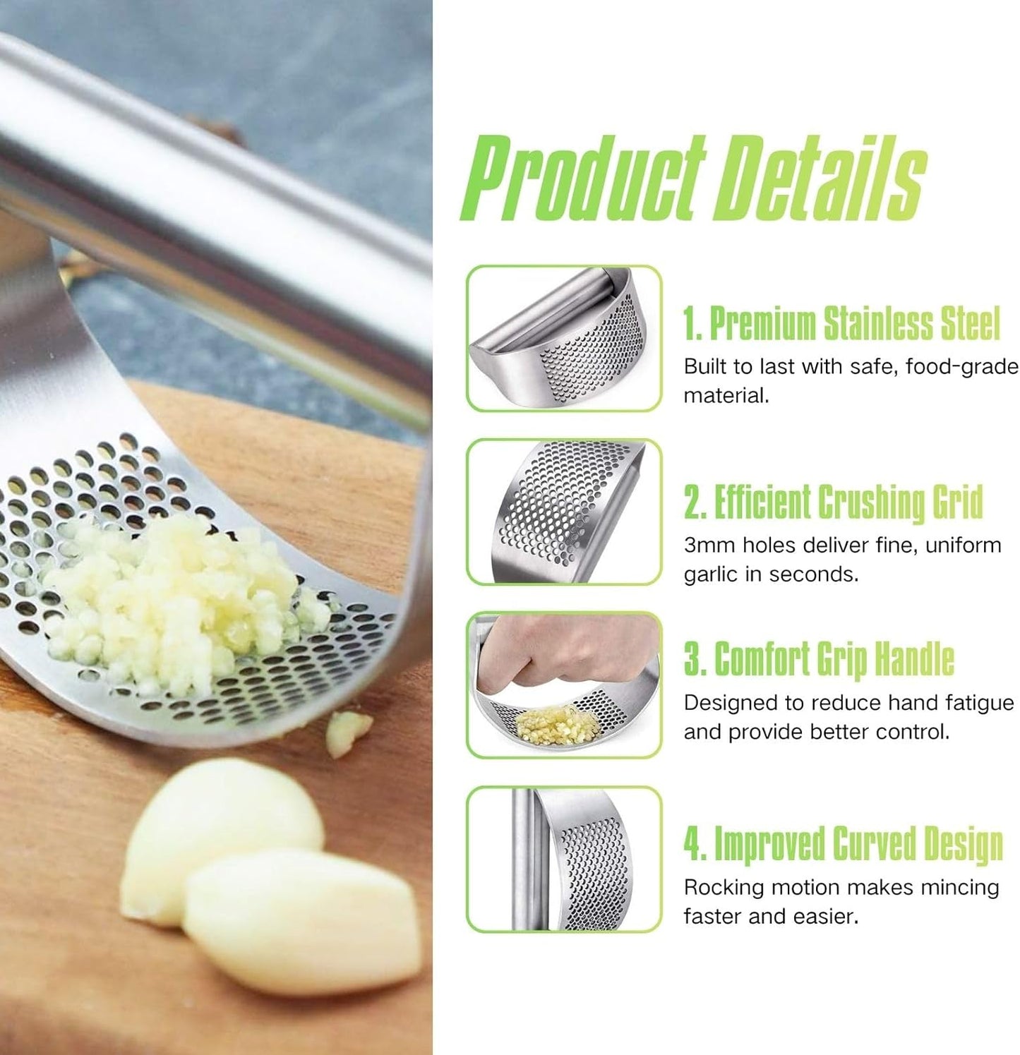 Garlic Press Rocker 304 Stainless Steel Garlic Mincer & Crusher with Silicone Peeler and Cleaning Brush, Ergonomic Dishwasher Safe Garlic Chopper Kitchen Gadget for Seniors & Home Cooks