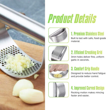 Garlic Press Rocker 304 Stainless Steel Garlic Mincer & Crusher with Silicone Peeler and Cleaning Brush, Ergonomic Dishwasher Safe Garlic Chopper Kitchen Gadget for Seniors & Home Cooks